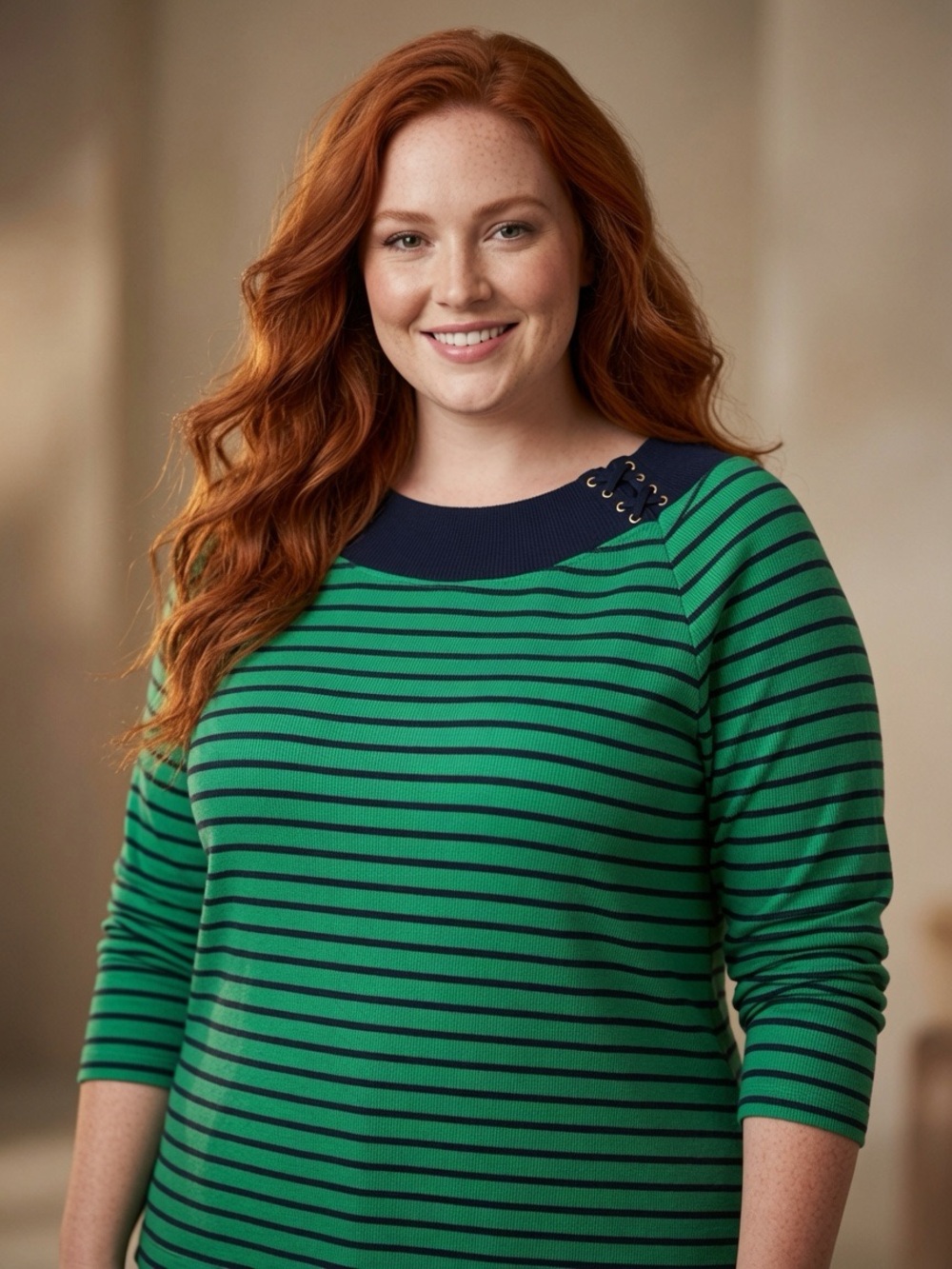 Lauren Ralph Lauren Green and Navy Striped Boatneck Sweater 2X